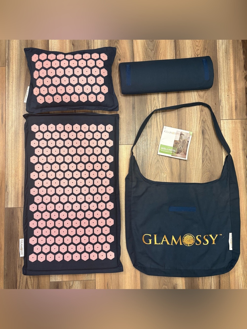 GLAMOSSY Acupressure Mat Pillow Set Travel Carrying Bag Women’s Navy Pink Yoga